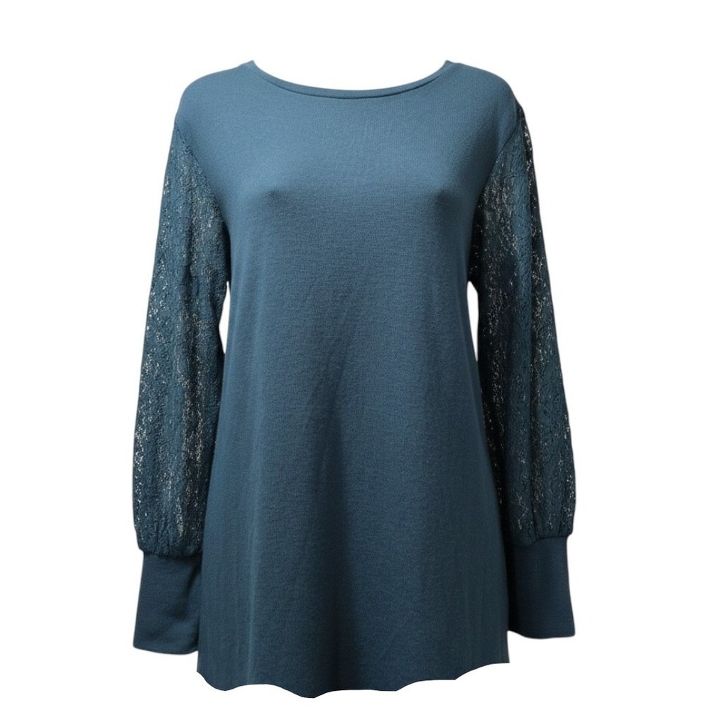 XL SUZANNE BETRO women's long sleeve top green rayon blend knit lace sleeves